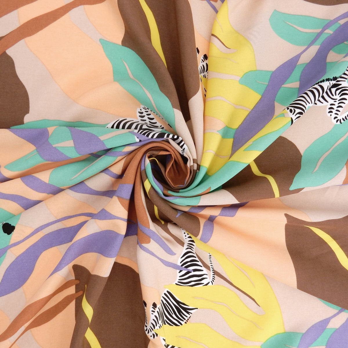 Premium 100% Rayon Challis Fabric. Artistic Zebra Safari Print in Peach, Taupe, Lavender, Beige & Yellow. lightweight & ultra soft. shown swirled