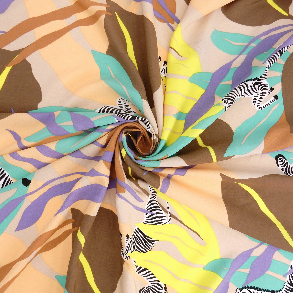 Premium 100% Rayon Challis Fabric. Artistic Zebra Safari Print in Peach, Taupe, Lavender, Beige & Yellow. lightweight & ultra soft. shown swirled