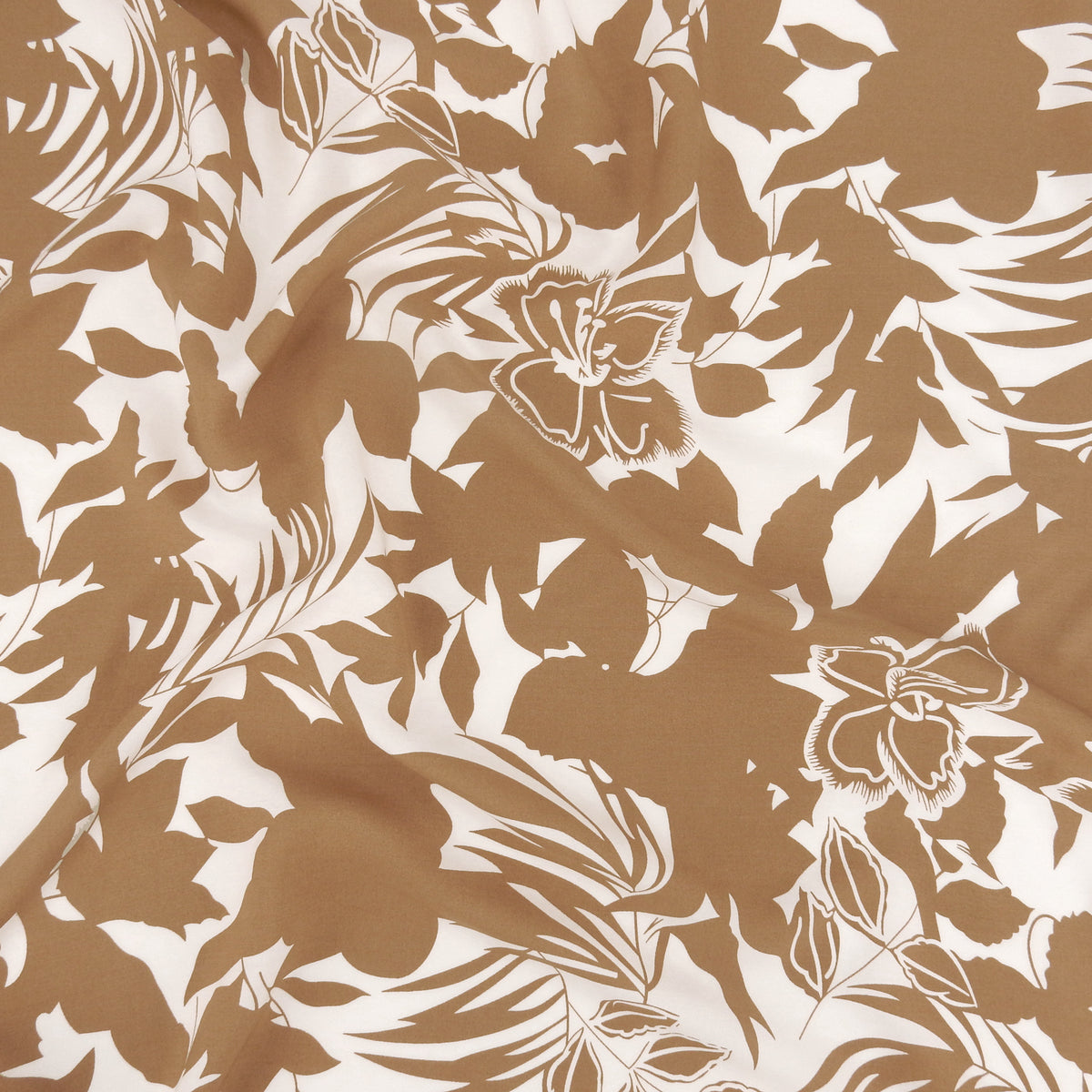 Premium 100% Rayon Challis Fabric. Tropical Botanical Silhouette Print in Earthy Taupe White. lightweight & ultra soft. shown lightly gathered