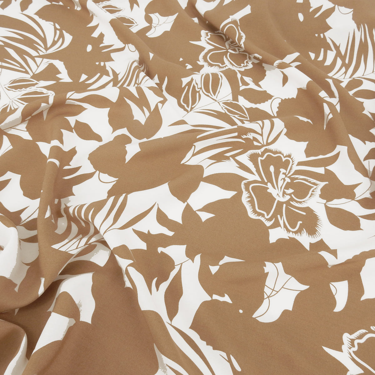 Premium 100% Rayon Challis Fabric. Tropical Botanical Silhouette Print in Earthy Taupe White. lightweight & ultra soft. shown lightly gathered