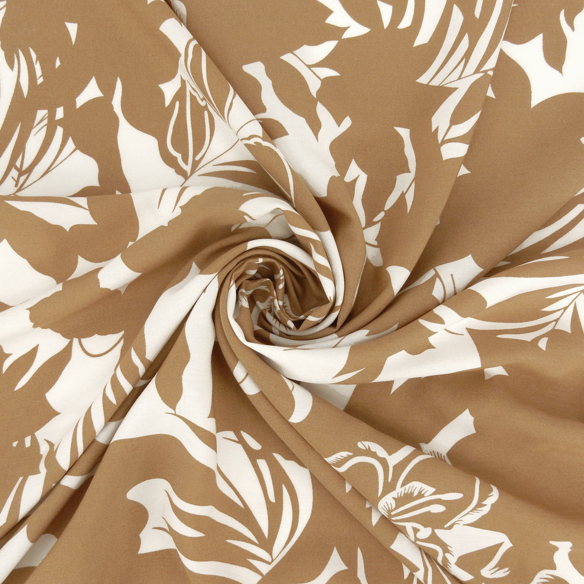 Premium 100% Rayon Challis Fabric. Tropical Botanical Silhouette Print in Earthy Taupe White. lightweight & ultra soft. shown swirled