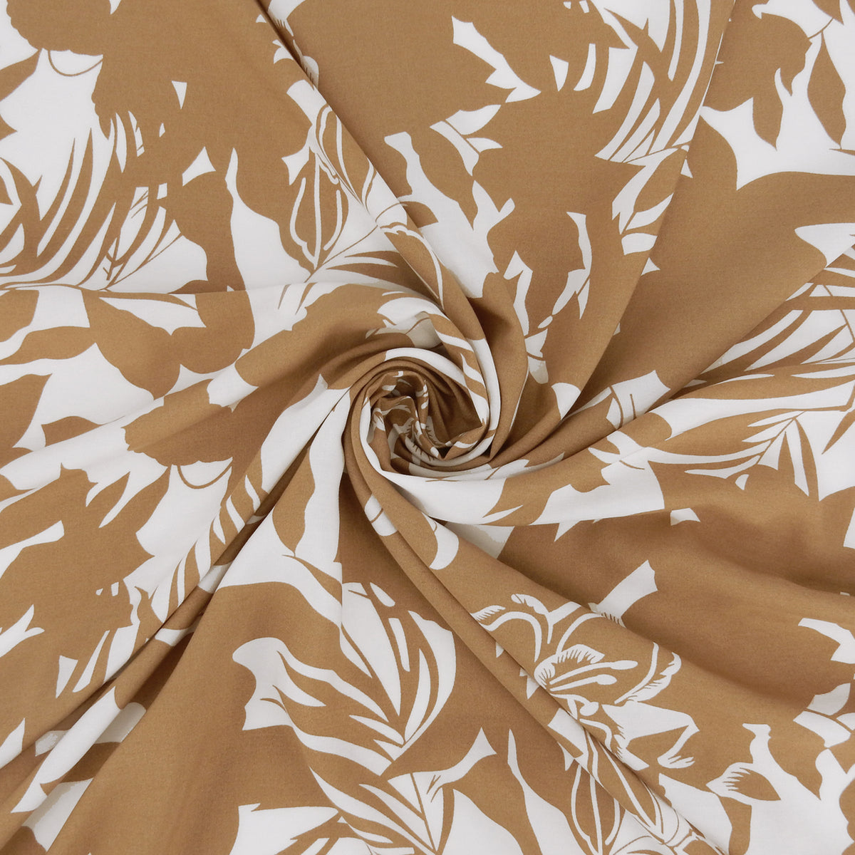 Premium 100% Rayon Challis Fabric. Tropical Botanical Silhouette Print in Earthy Taupe White. lightweight & ultra soft. shown swirled