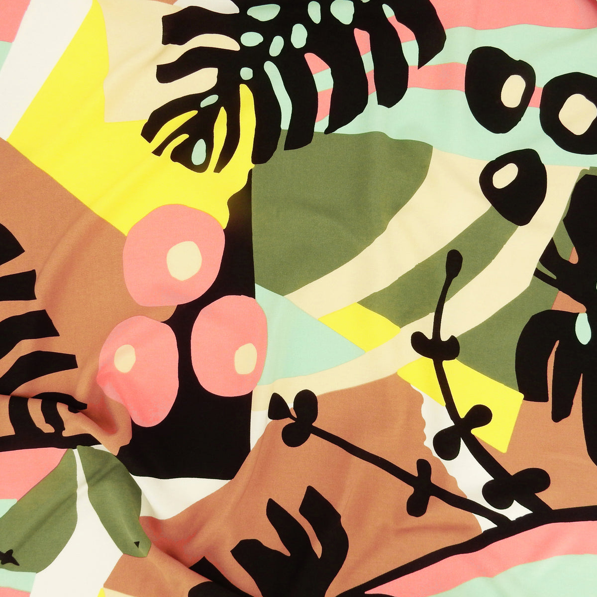 Premium 100% Rayon Challis Fabric. Retro Modern Abstract Tropical in Yellow, Dusty Pink, Taupe, Aquamarine & Multi. lightweight & ultra soft. shown lightly gathered