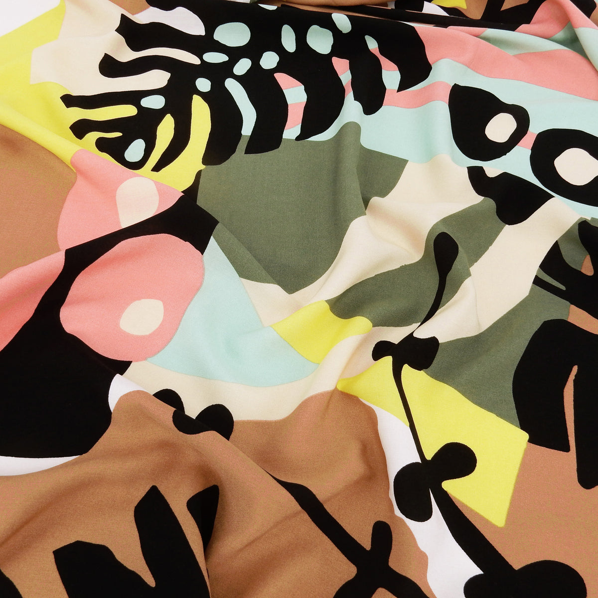 Premium 100% Rayon Challis Fabric. Retro Modern Abstract Tropical in Yellow, Dusty Pink, Taupe, Aquamarine & Multi. lightweight & ultra soft. shown lightly gathered