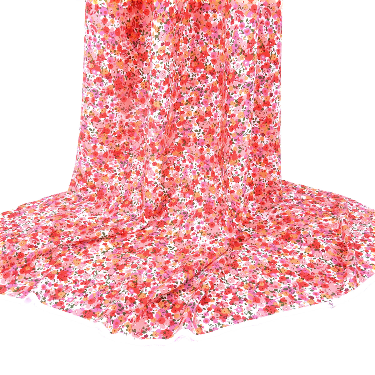 Premium 100% Rayon Challis Fabric. Radiant Millefleurs Floral in Coral, Fuchsia, Red & Peach. lightweight & ultra soft. shown draped