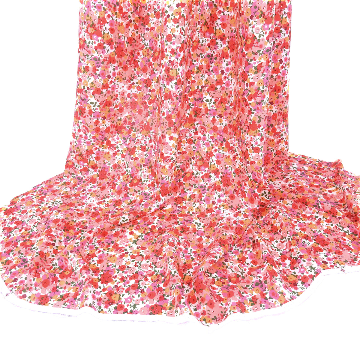 Premium 100% Rayon Challis Fabric. Radiant Millefleurs Floral in Coral, Fuchsia, Red & Peach. lightweight & ultra soft. shown draped