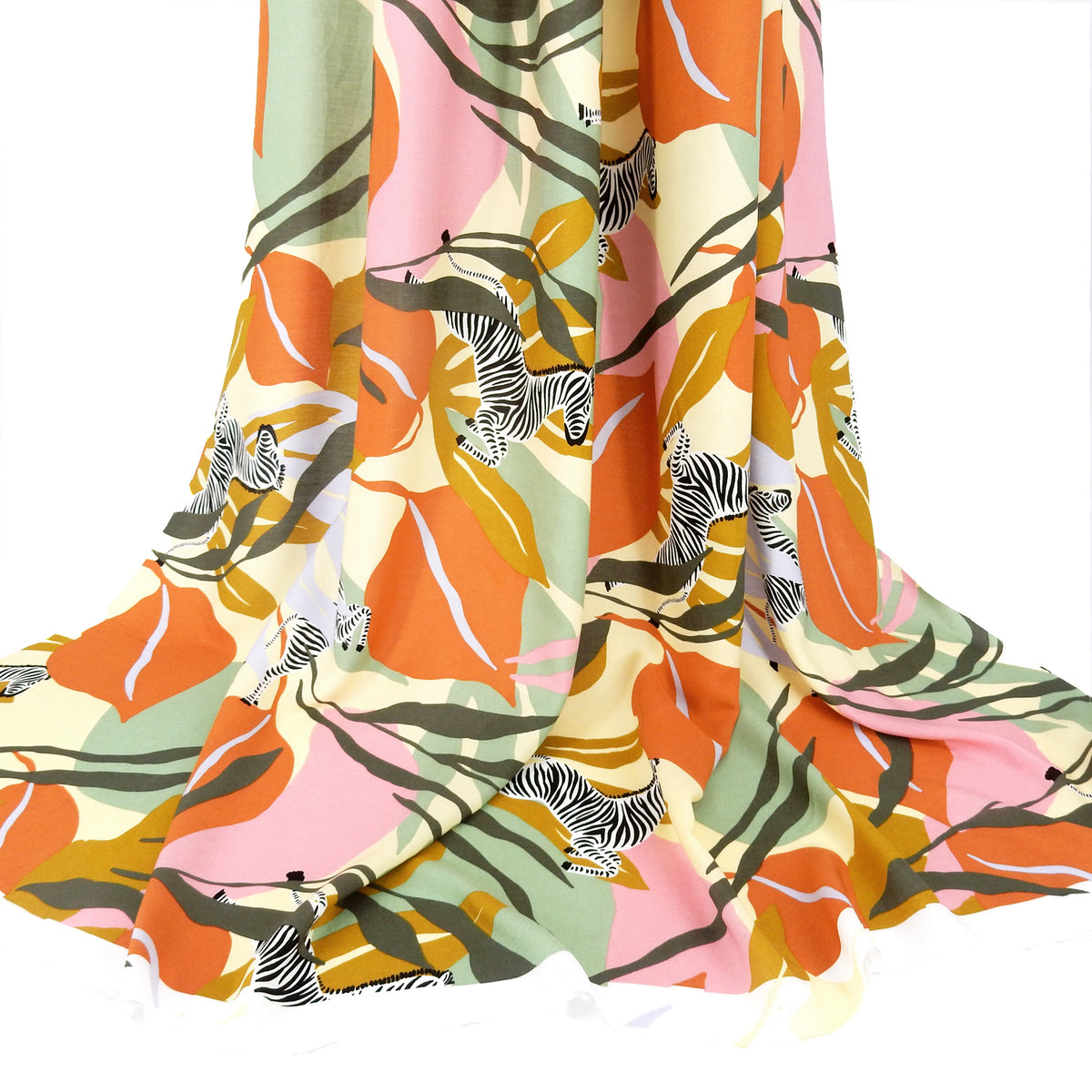 Premium 100% Rayon Challis Fabric. Artistic Zebra Safari Print in Terracotta, Sage & Soft Cream. lightweight & ultra soft. shown draped