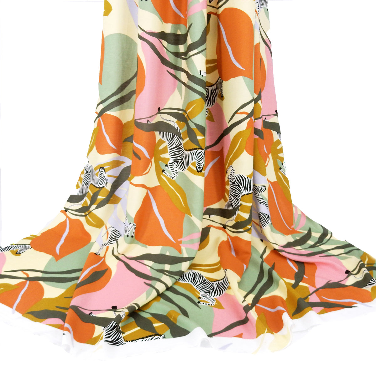 Premium 100% Rayon Challis Fabric. Artistic Zebra Safari Print in Terracotta, Sage & Soft Cream. lightweight & ultra soft. shown draped