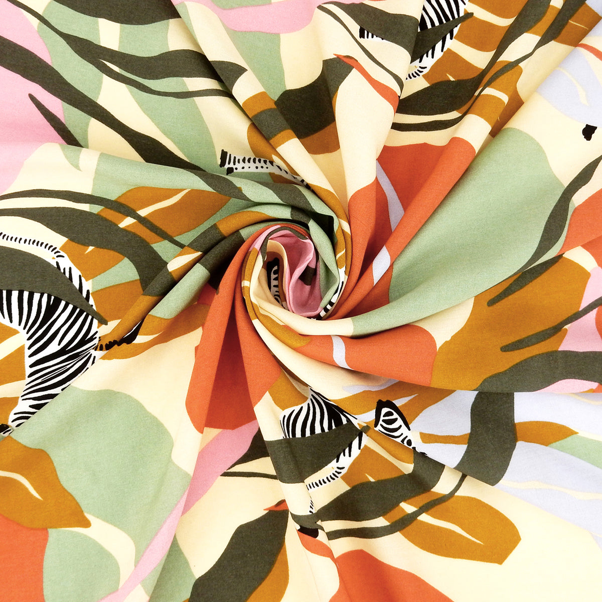 Premium 100% Rayon Challis Fabric. Artistic Zebra Safari Print in Terracotta, Sage & Soft Cream. lightweight & ultra soft. shown swirled