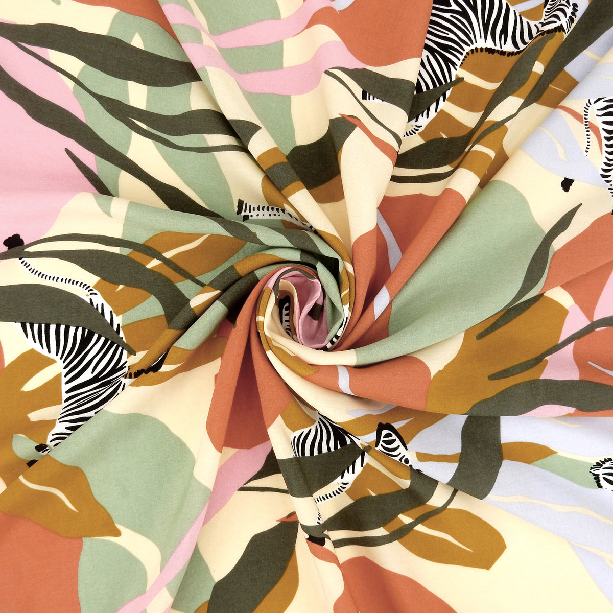 Premium 100% Rayon Challis Fabric. Artistic Zebra Safari Print in Terracotta, Sage & Soft Cream. lightweight & ultra soft. shown swirled