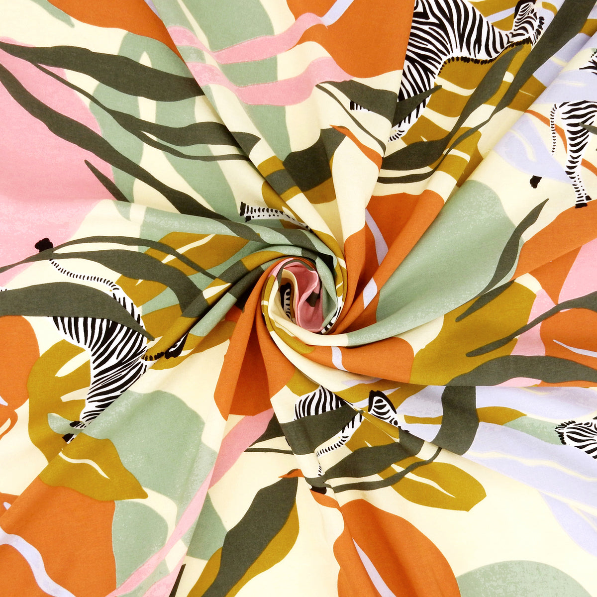 Premium 100% Rayon Challis Fabric. Artistic Zebra Safari Print in Terracotta, Sage & Soft Cream. lightweight & ultra soft. shown swirled