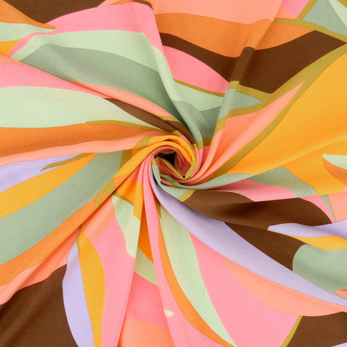 Premium 100% Rayon Challis Fabric. Retro Mod Abstract in Cocoa, Sage & Bold Pink. lightweight & ultra soft. shown swirled