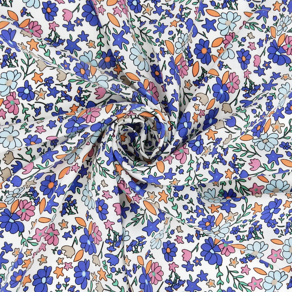 Premium 100% Rayon Challis Fabric. Playful Millefleurs Floral in Periwinkle, Berry & Coral. lightweight & ultra soft. shown swirled