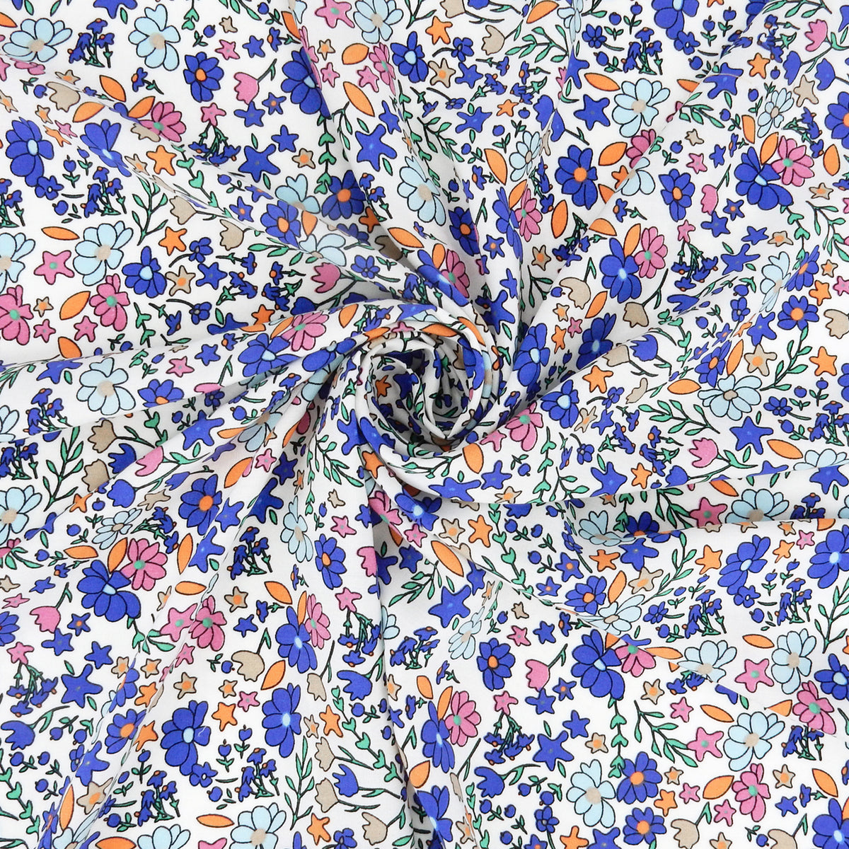 Premium 100% Rayon Challis Fabric. Playful Millefleurs Floral in Periwinkle, Berry & Coral. lightweight & ultra soft. shown swirled