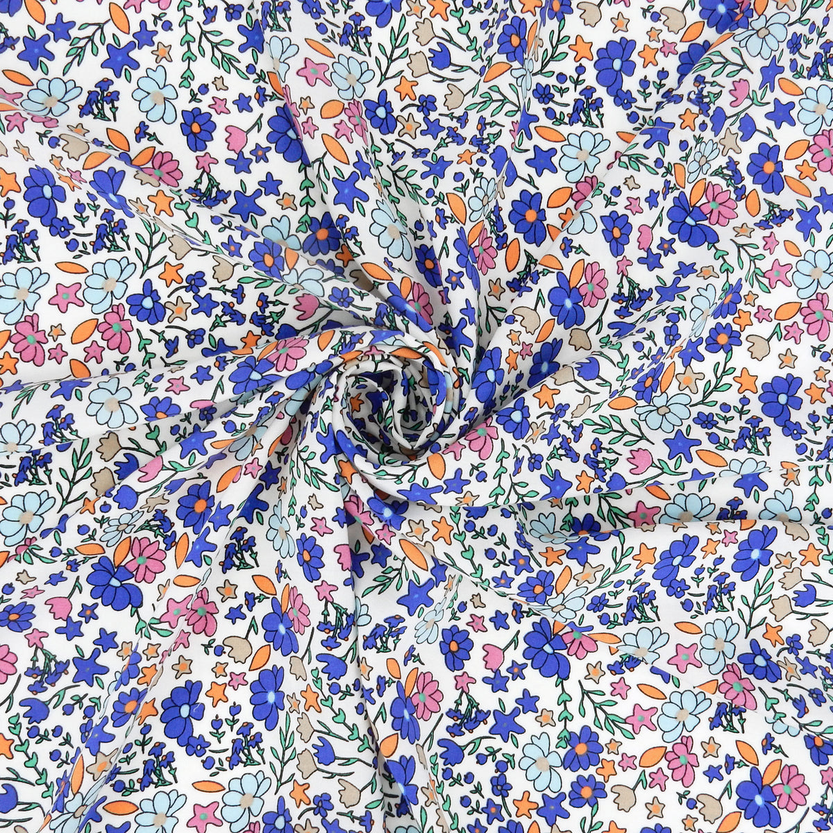 Premium 100% Rayon Challis Fabric. Playful Millefleurs Floral in Periwinkle, Berry & Coral. lightweight & ultra soft. shown swirled