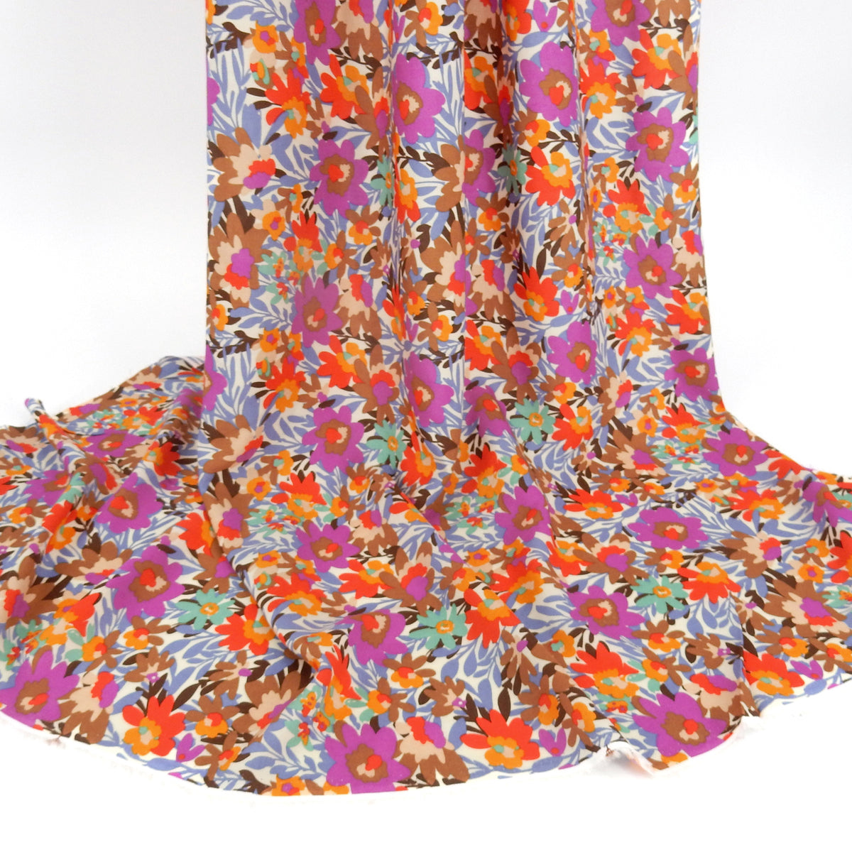 Premium 100% Rayon Challis Fabric. High-Contrast Muted Floral on Creamy White. lightweight & ultra soft. shown draped