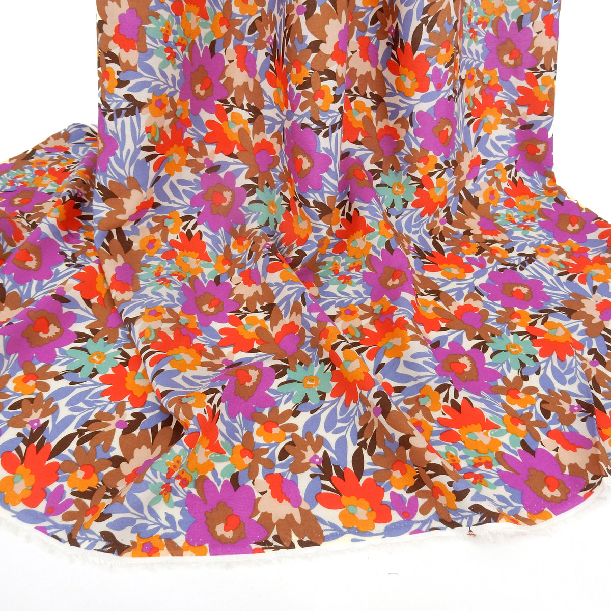 Premium 100% Rayon Challis Fabric. High-Contrast Muted Floral on Creamy White. lightweight & ultra soft. shown draped
