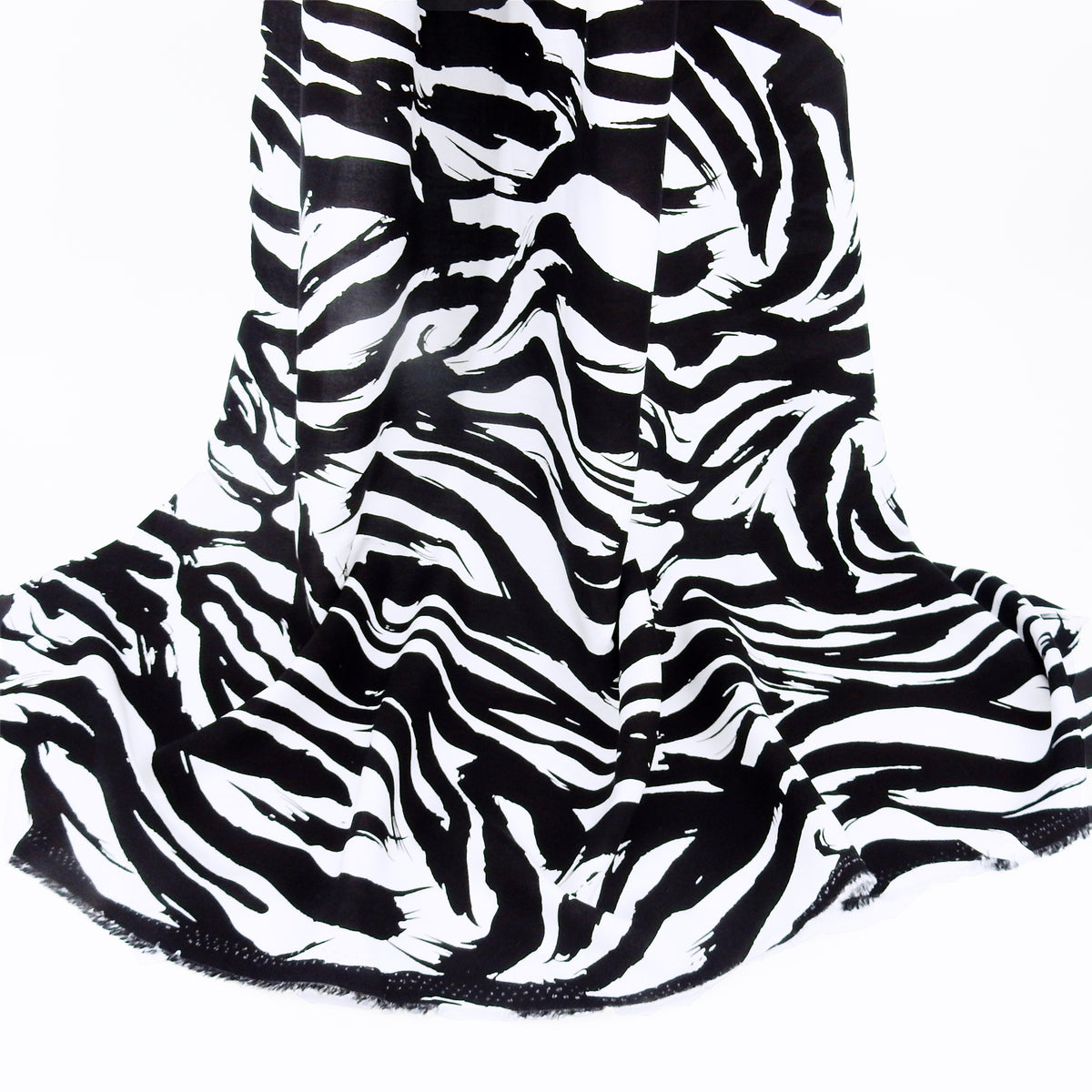 Premium 100% Rayon Challis Fabric. Artistic Zebra Print in Classic Black & White. lightweight & ultra soft. shown draped
