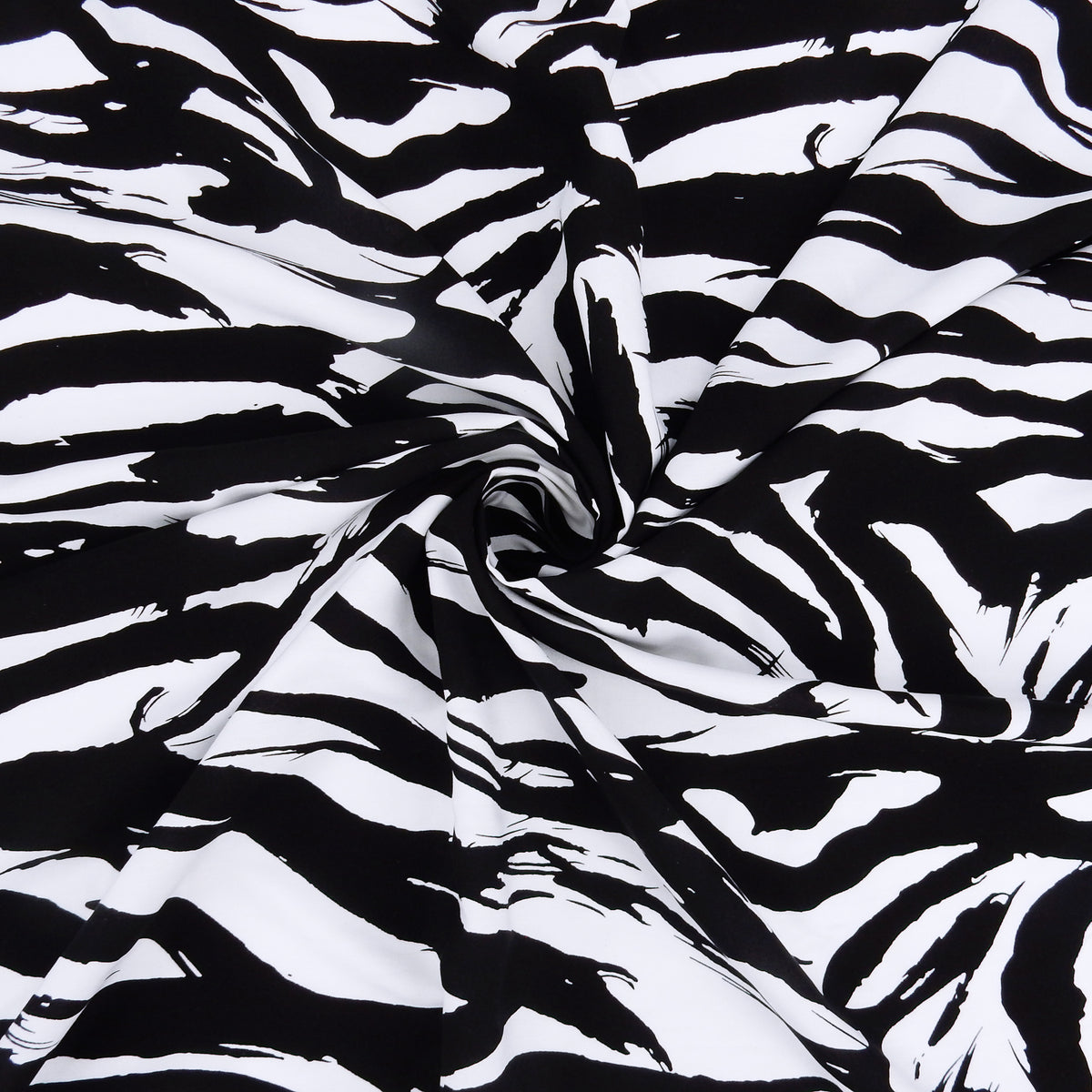 Premium 100% Rayon Challis Fabric. Artistic Zebra Print in Classic Black & White. lightweight & ultra soft. shown swirled