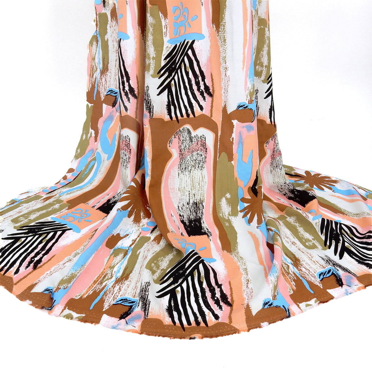 Premium 100% Rayon Challis Fabric. Modern Directional Batik Tropical in Cocoa, Sage & Soft Cream. lightweight & ultra soft. Shown draped