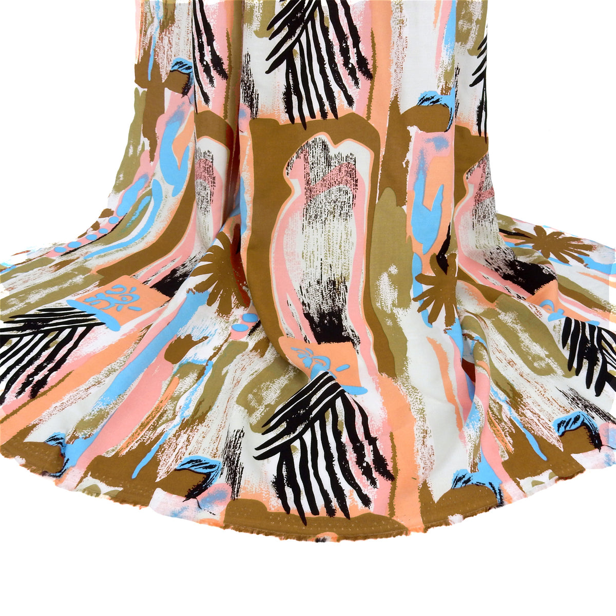 Premium 100% Rayon Challis Fabric. Modern Directional Batik Tropical in Cocoa, Sage & Soft Cream. lightweight & ultra soft. Shown draped