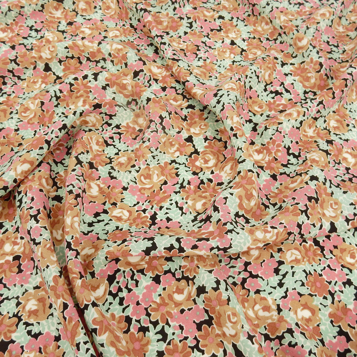 Premium 100% Rayon Challis Fabric. Midnight Millefleurs Floral in Beige, Rose & Mint Green. lightweight & ultra soft. shown lightly gathered