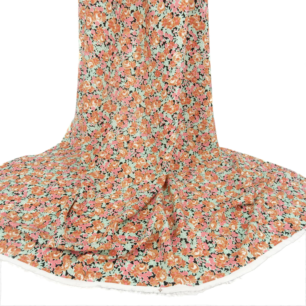 Premium 100% Rayon Challis Fabric. Midnight Millefleurs Floral in Beige, Rose & Mint Green. lightweight & ultra soft. shown draped