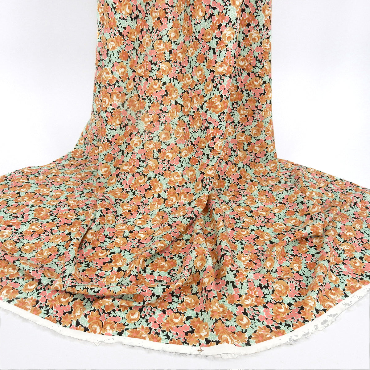 Premium 100% Rayon Challis Fabric. Midnight Millefleurs Floral in Beige, Rose & Mint Green. lightweight & ultra soft. shown draped