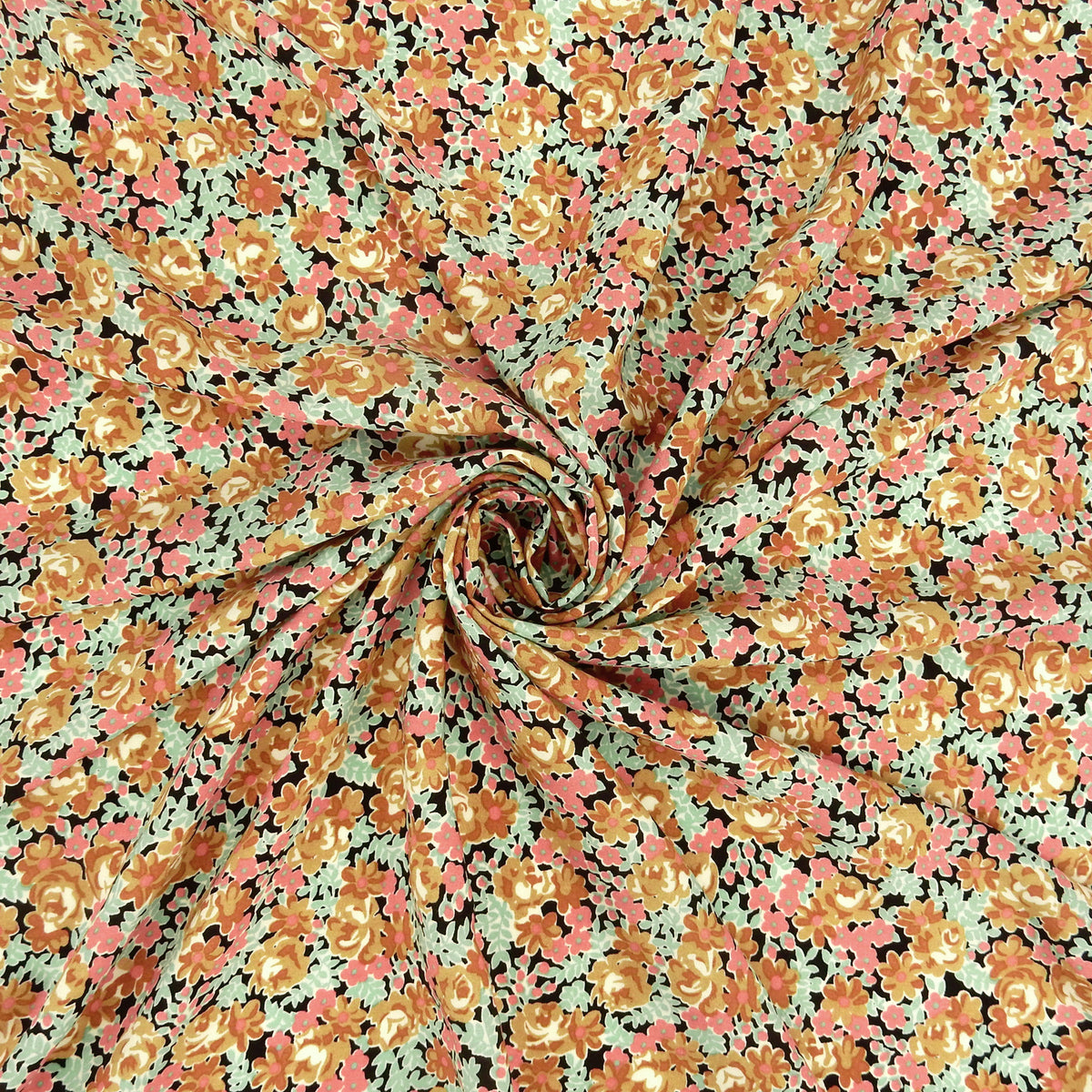 Premium 100% Rayon Challis Fabric. Midnight Millefleurs Floral in Beige, Rose & Mint Green. lightweight & ultra soft. shown swirled