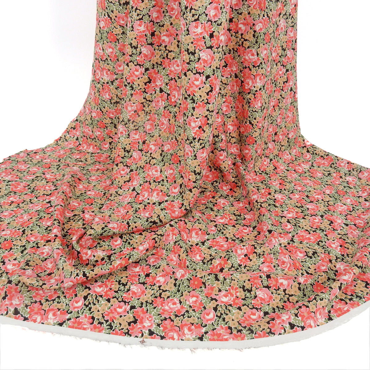 Premium 100% Rayon Challis Fabric. Rose & Sage Millefleurs Floral on Black. lightweight & ultra soft. shown draped