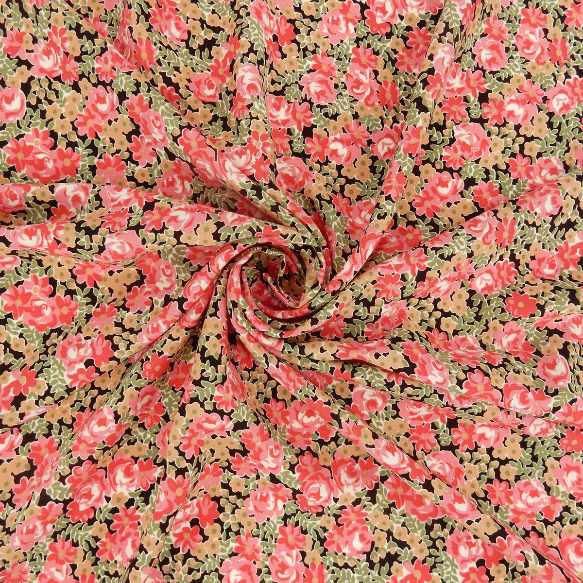 Premium 100% Rayon Challis Fabric. Rose & Sage Millefleurs Floral on Black. lightweight & ultra soft. shown swirled