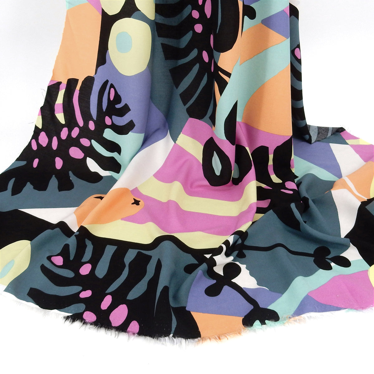 Premium 100% Rayon Challis Fabric. Retro Modern Abstract Graphic in Black, White & Fuschia. lightweight & ultra soft. shown draped