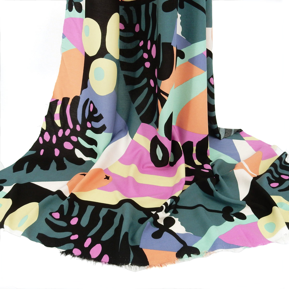 Premium 100% Rayon Challis Fabric. Retro Modern Abstract Graphic in Black, White & Fuschia. lightweight & ultra soft. shown draped