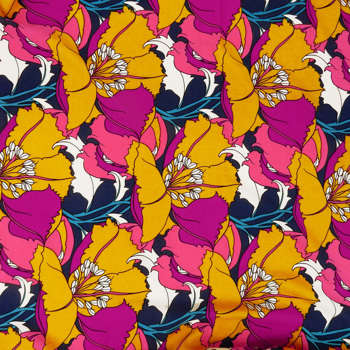 Premium 100% Rayon Challis Fabric. Dramatic Defined Floral in Magenta, Gold, warm coral & deep blue. lightweight & ultra soft. shown flat