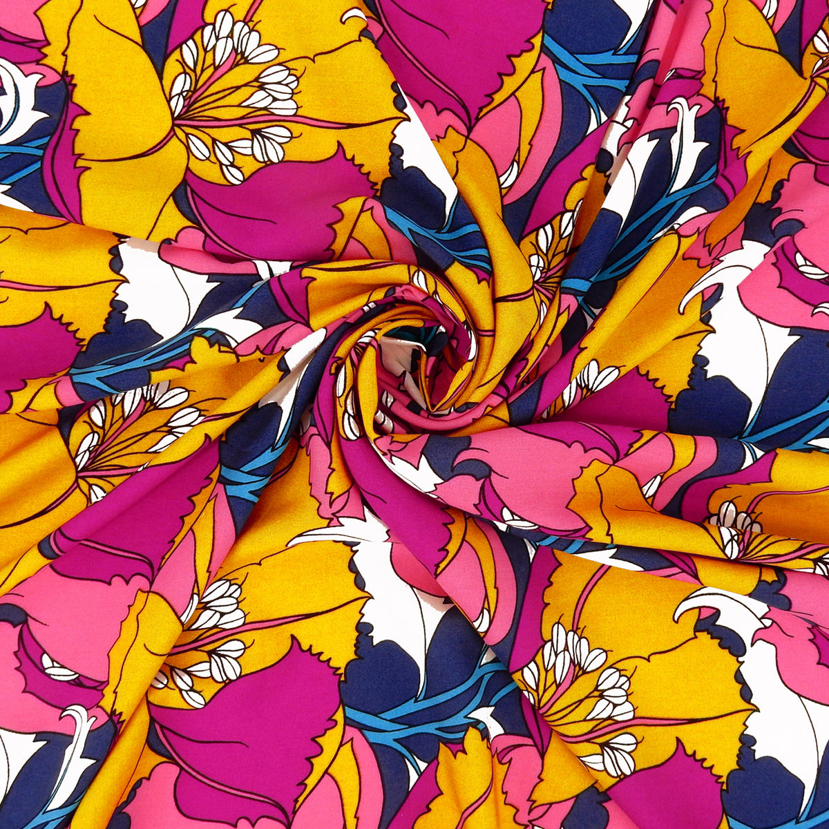 Premium 100% Rayon Challis Fabric. Dramatic Defined Floral in Magenta, Gold, warm coral & deep blue. lightweight & ultra soft. shown swirled