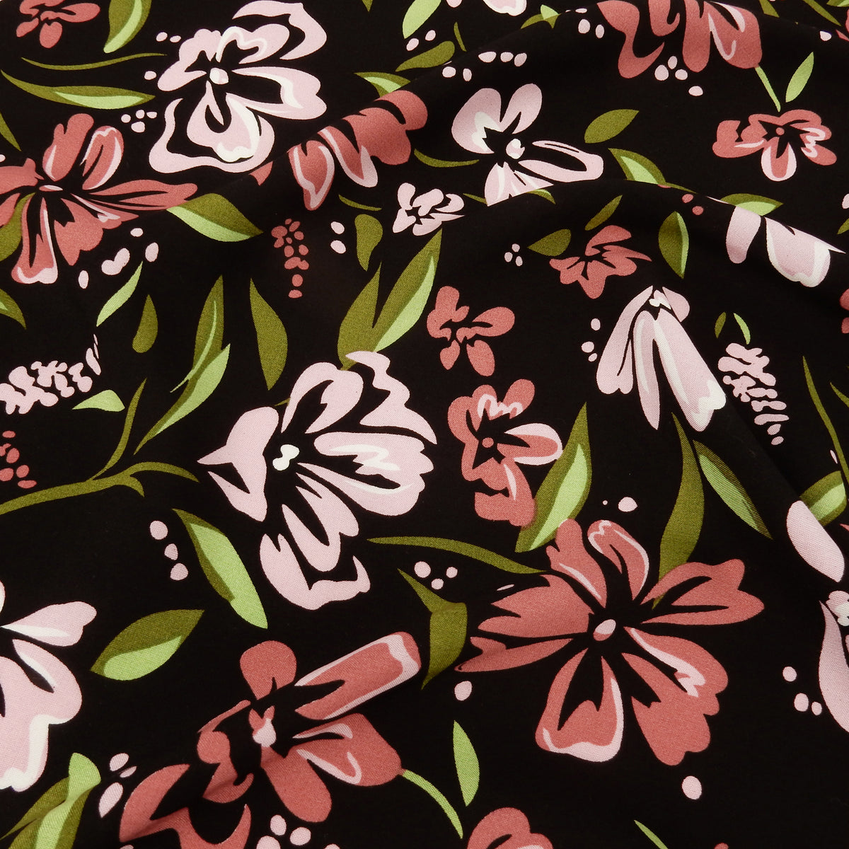 Premium 100% Rayon Challis Fabric. Midnight Botanical Floral in Rose, Olive & Pale Pink on black background. Lightweight & ultra soft. Shown lightly gathered