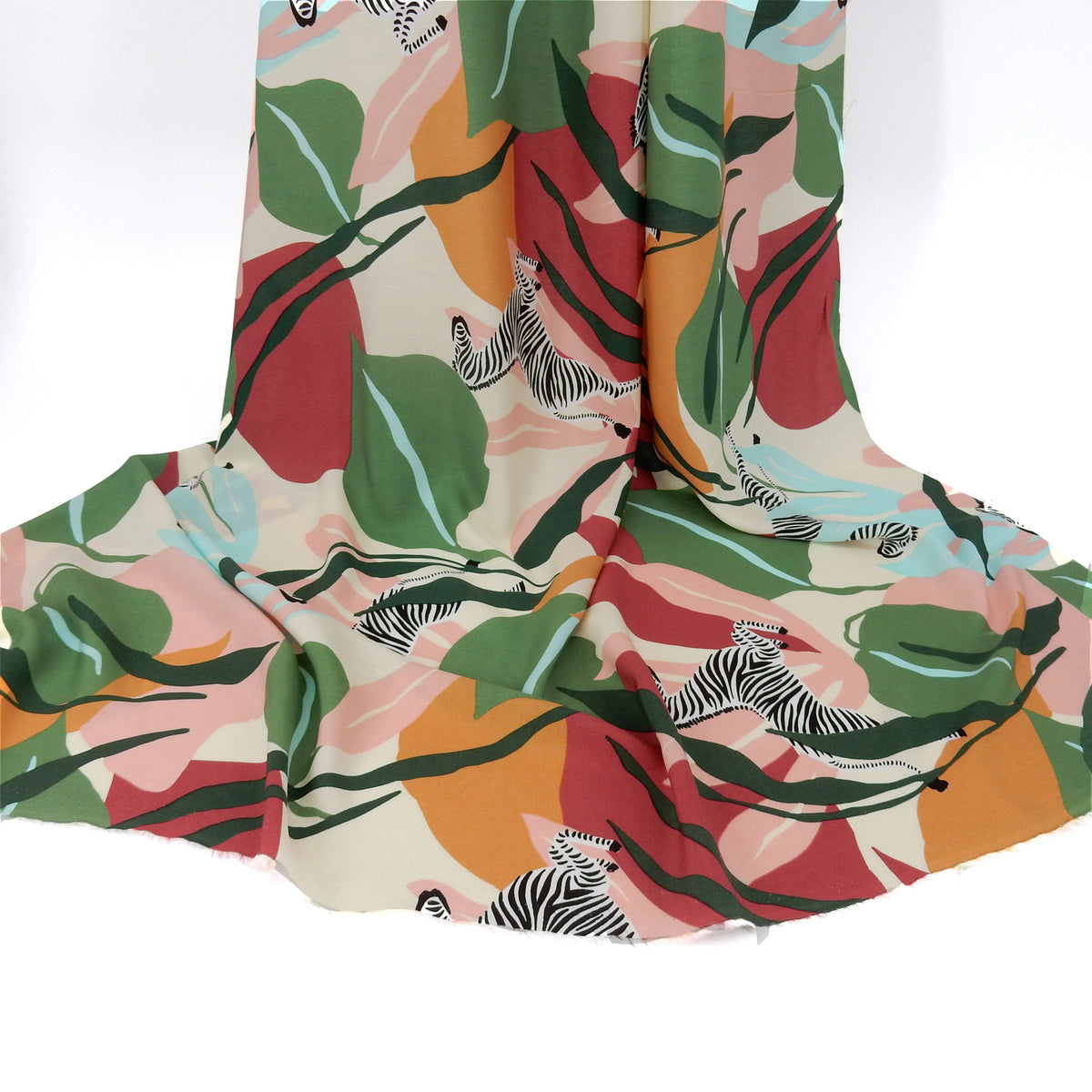 Premium 100% Rayon Challis Fabric. Artistic Zebra Safari Print in Pale Wine, Hunter & Sage Green. lightweight & ultra soft. Shown draped