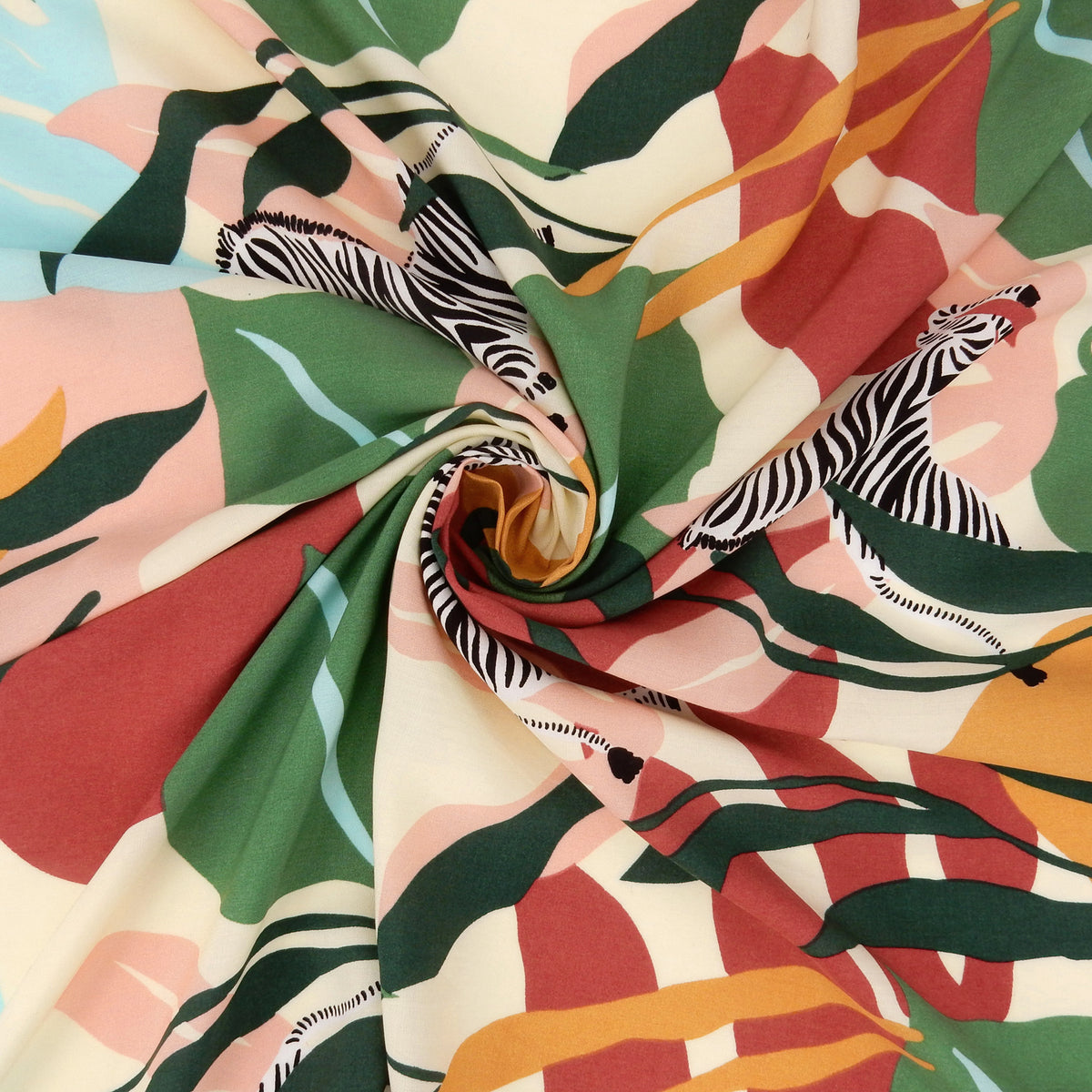 Premium 100% Rayon Challis Fabric. Artistic Zebra Safari Print in Pale Wine, Hunter & Sage Green. lightweight & ultra soft. Shown swirled