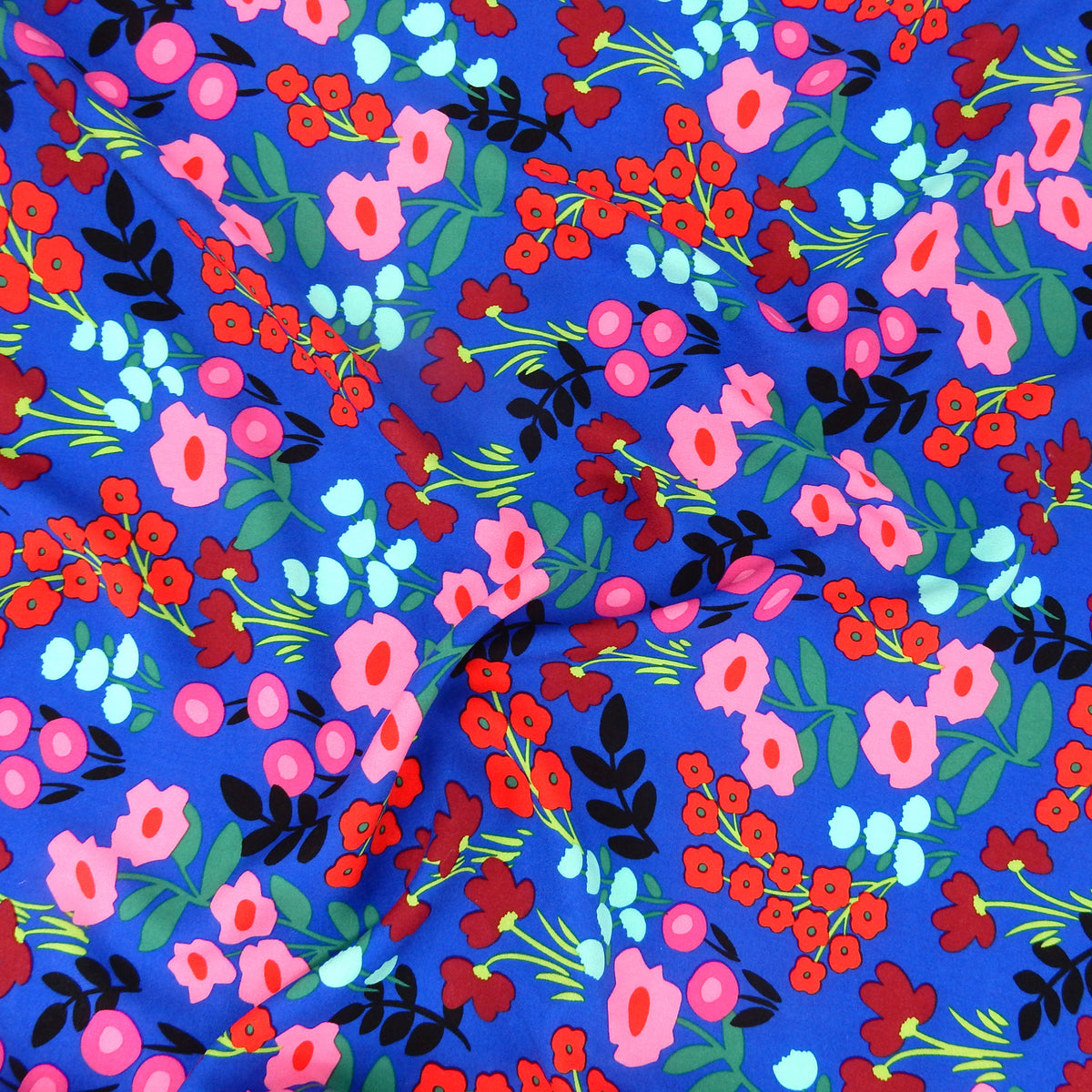 Premium 100% Rayon Challis Fabric. Bold Renaissance Floral on Sapphire Blue. lightweight & ultra soft. shown lightly gathered