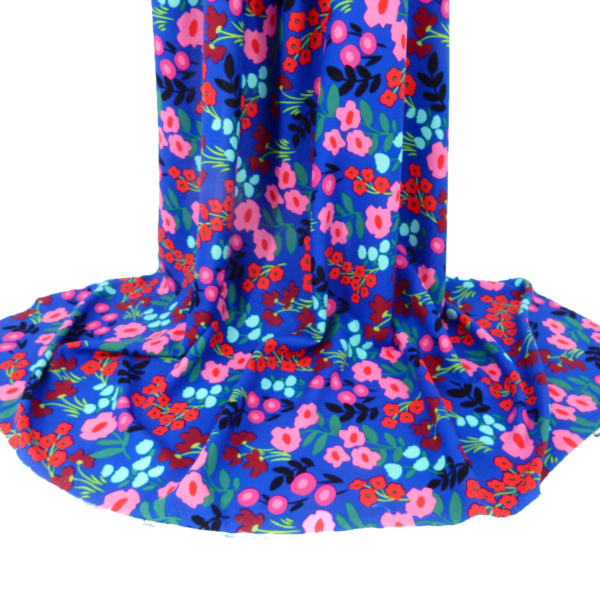 Premium 100% Rayon Challis Fabric. Bold Renaissance Floral on Sapphire Blue. lightweight & ultra soft. shown draped