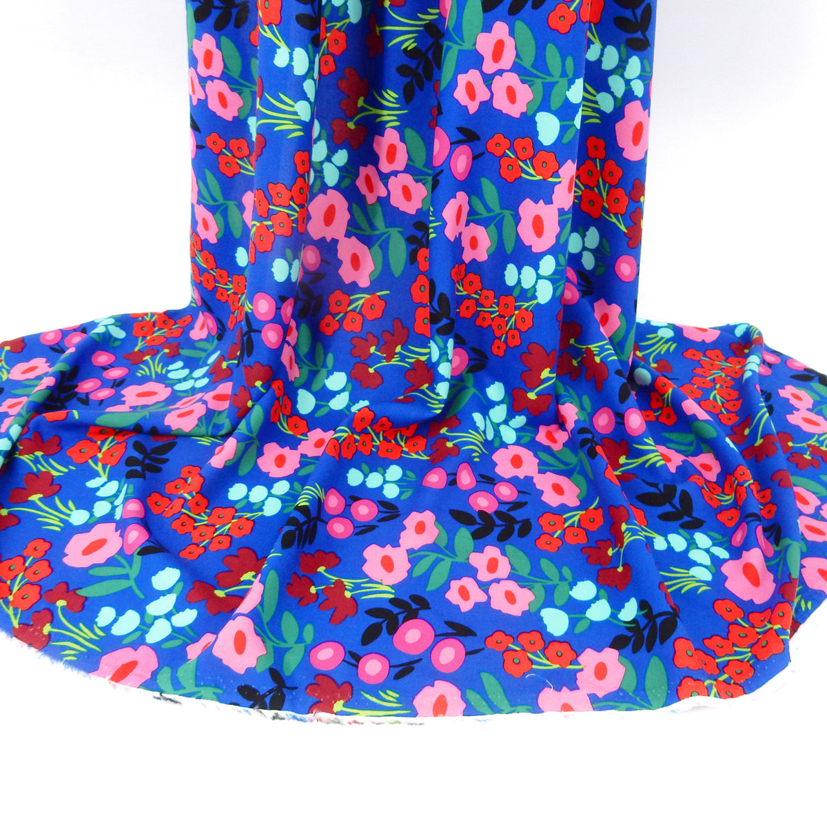 Premium 100% Rayon Challis Fabric. Bold Renaissance Floral on Sapphire Blue. lightweight & ultra soft. shown draped