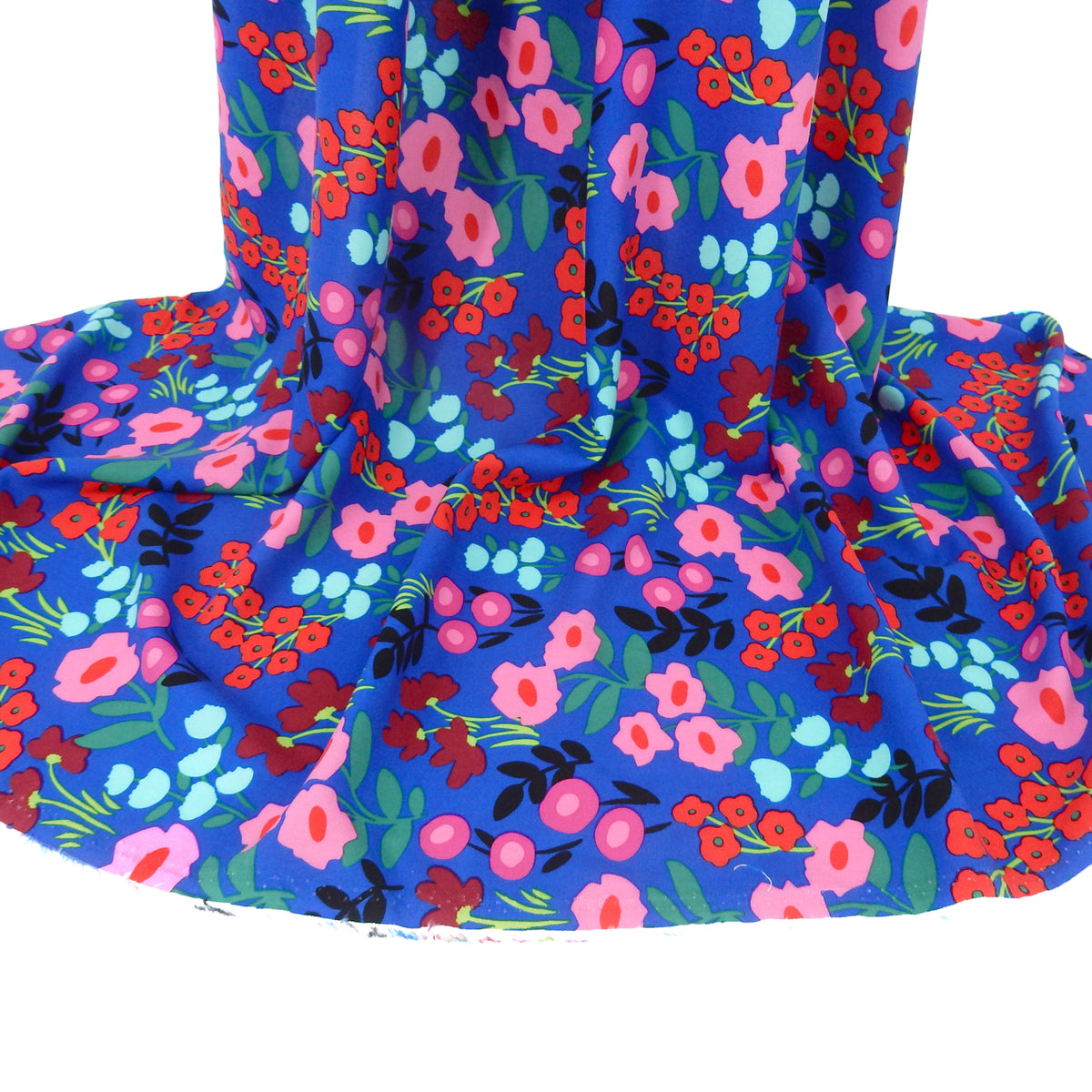 Premium 100% Rayon Challis Fabric. Bold Renaissance Floral on Sapphire Blue. lightweight & ultra soft. shown draped