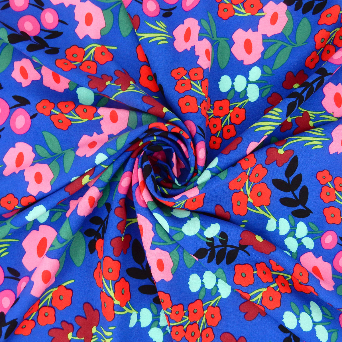Premium 100% Rayon Challis Fabric. Bold Renaissance Floral on Sapphire Blue. lightweight & ultra soft. shown swirled
