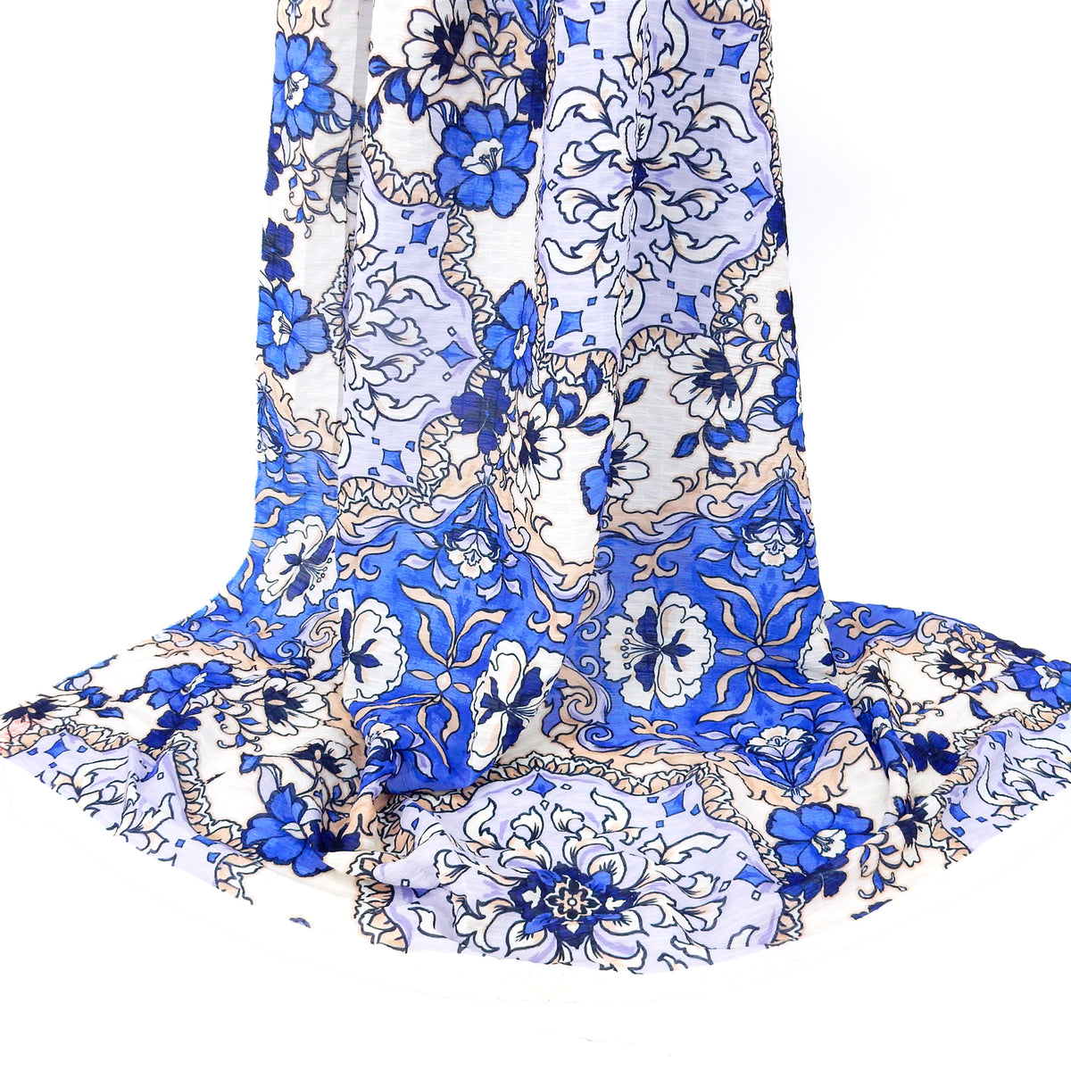 Premium Textured Polyester Chiffon Fabric. Large-Scale Damask in Royal Blue, Lilac & Beige. Semi sheer. shown draped.