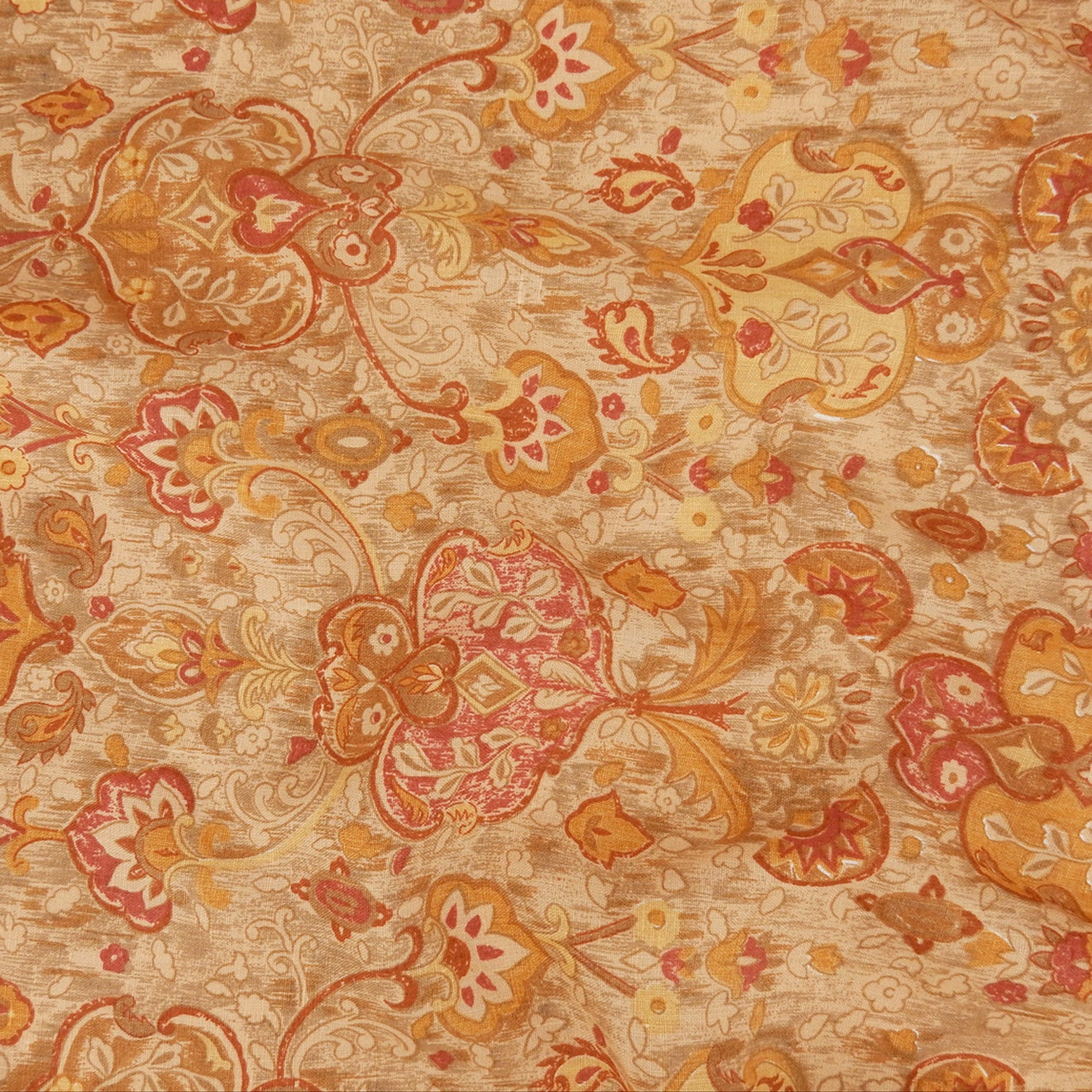 Premium 100% European Linen Damask Print Fabric. gold colors on shirt weight linen. Shown flat