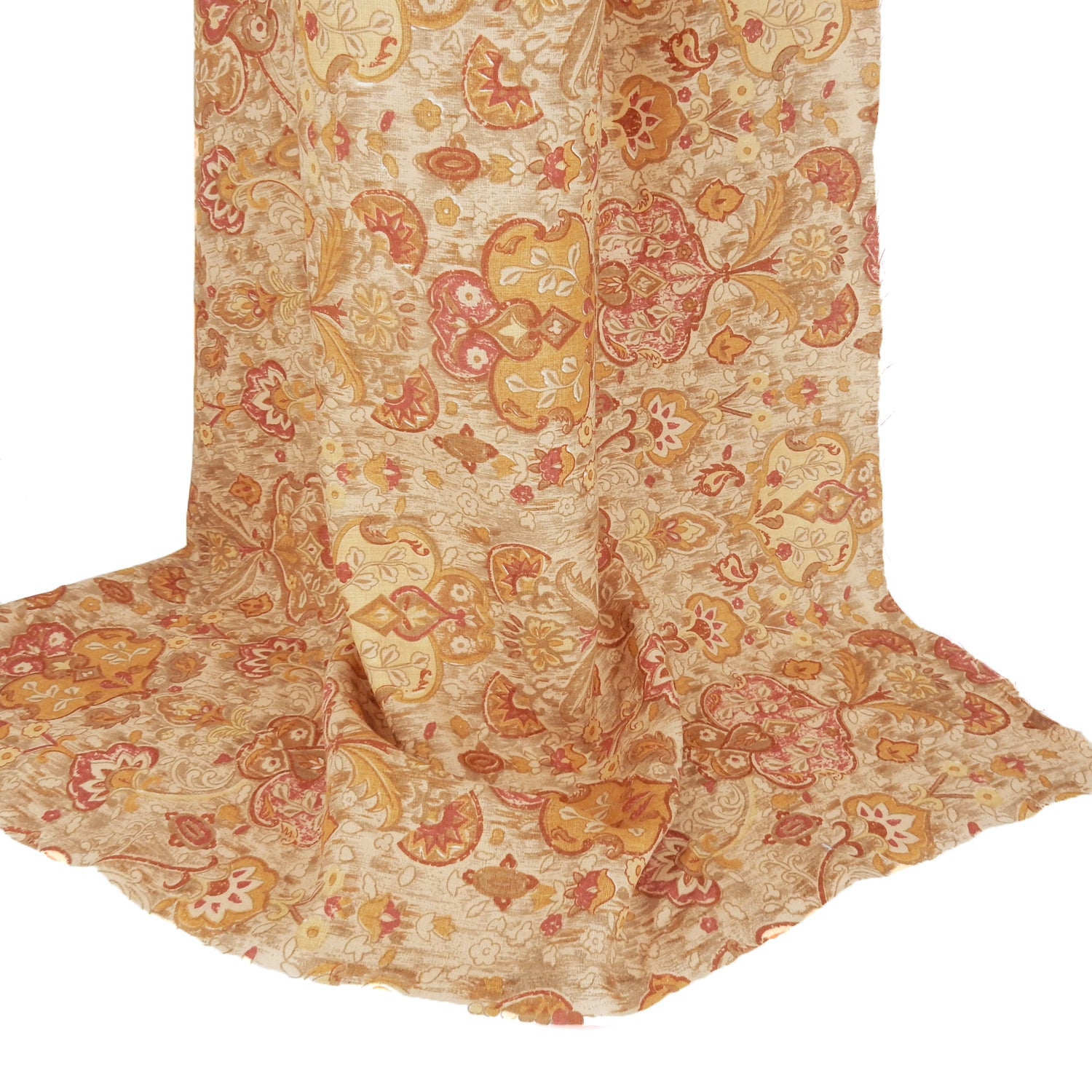 Premium 100% European Linen Damask Print Fabric. gold colors on shirt weight linen. Shown draped
