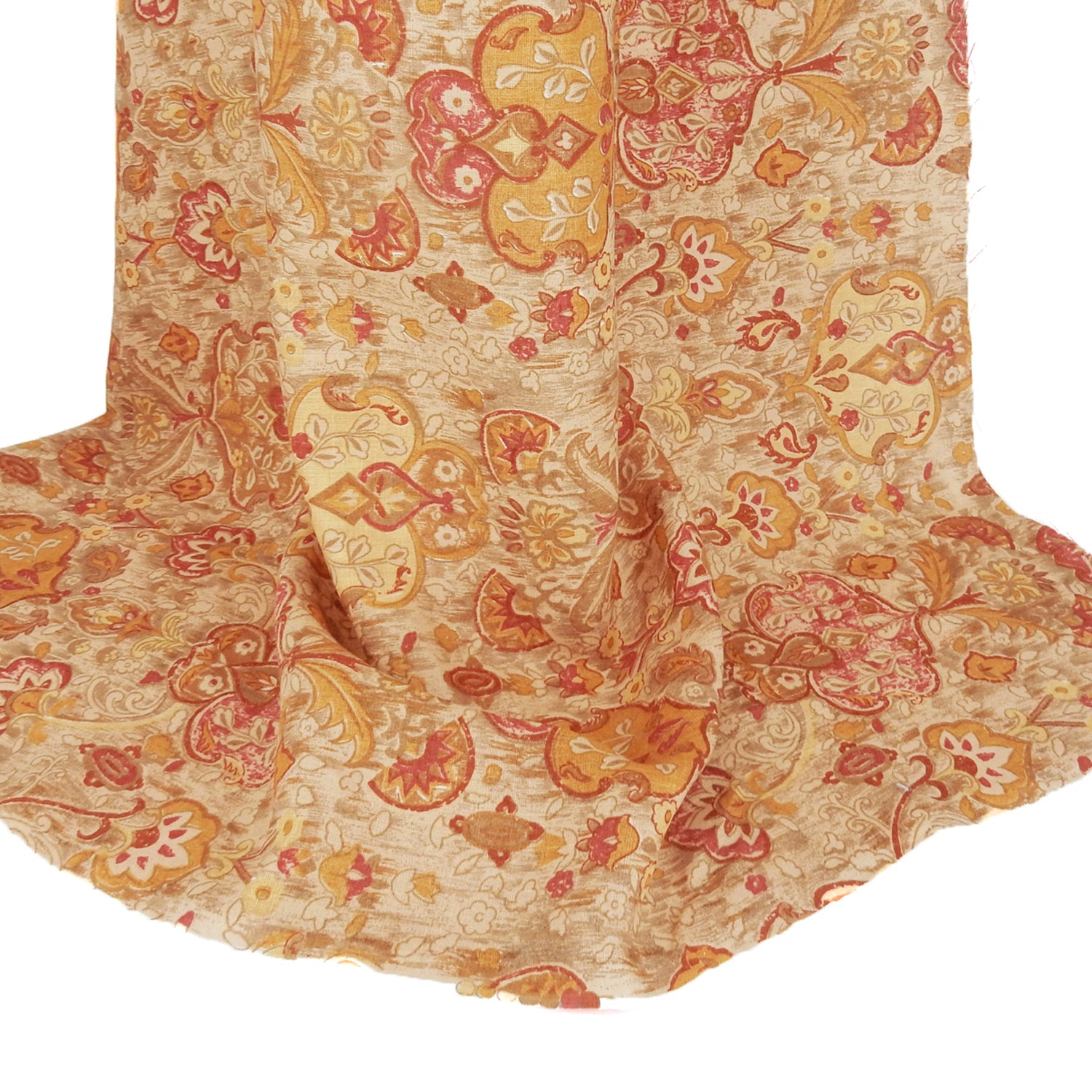 Premium 100% European Linen Damask Print Fabric. gold colors on shirt weight linen. Shown draped