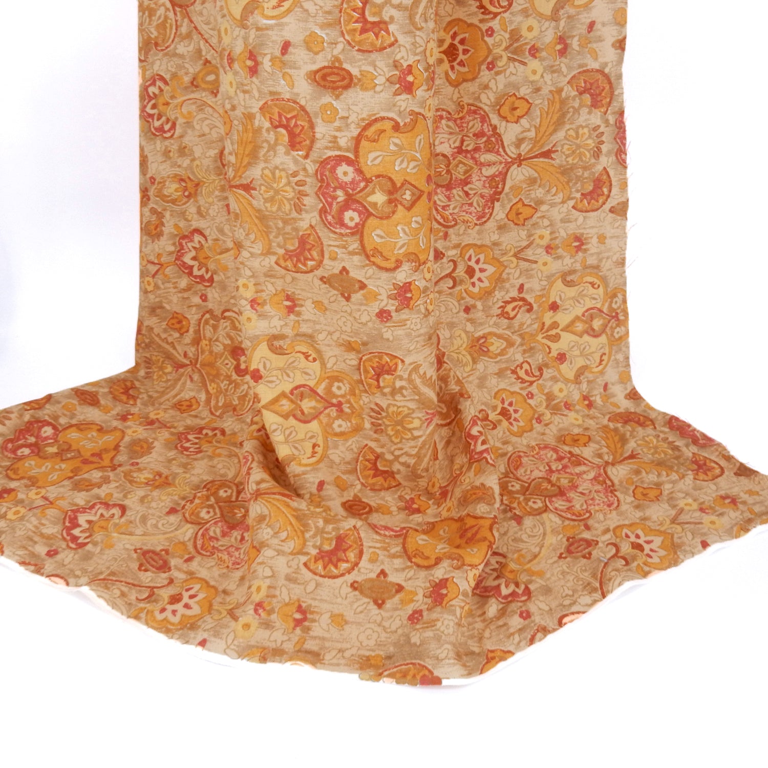 Premium 100% European Linen Damask Print Fabric. gold colors on shirt weight linen. Shown draped