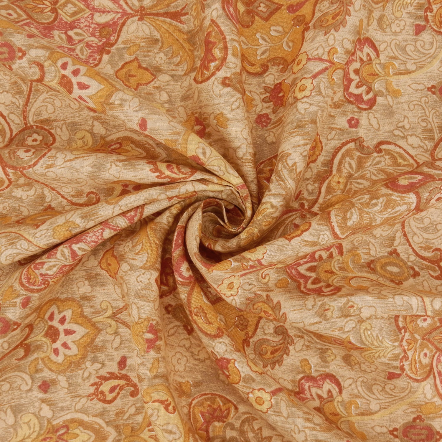 Premium 100% European Linen Damask Print Fabric. gold colors on shirt weight linen. Shown swirled