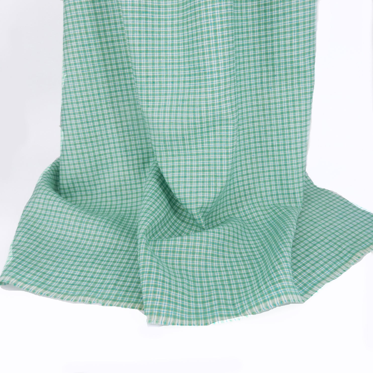 Premium 100% European Linen Yarn Dyed Plaid Fabric. light green color. shown draped